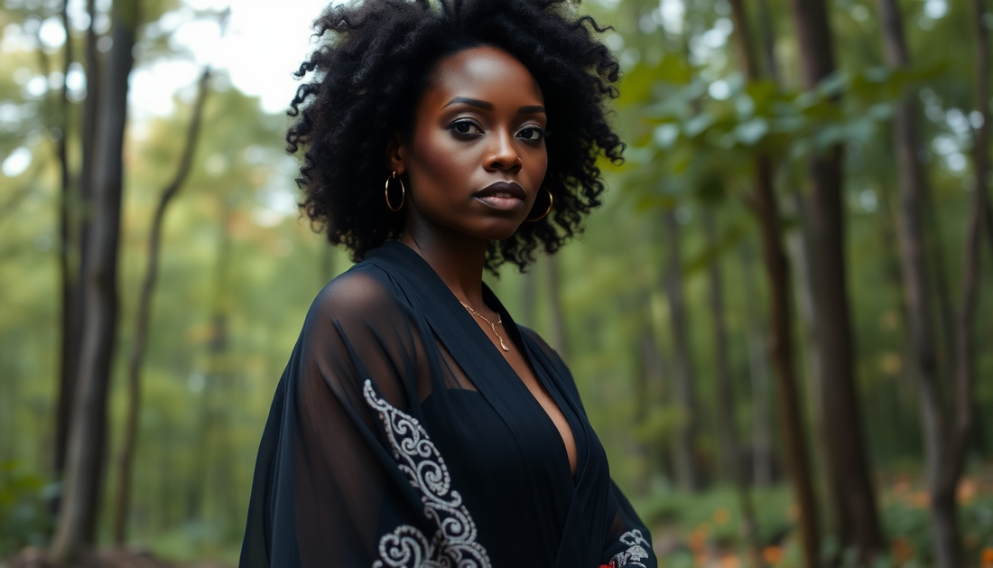Black woman wearing a sheer cover-up Kimono in the forest