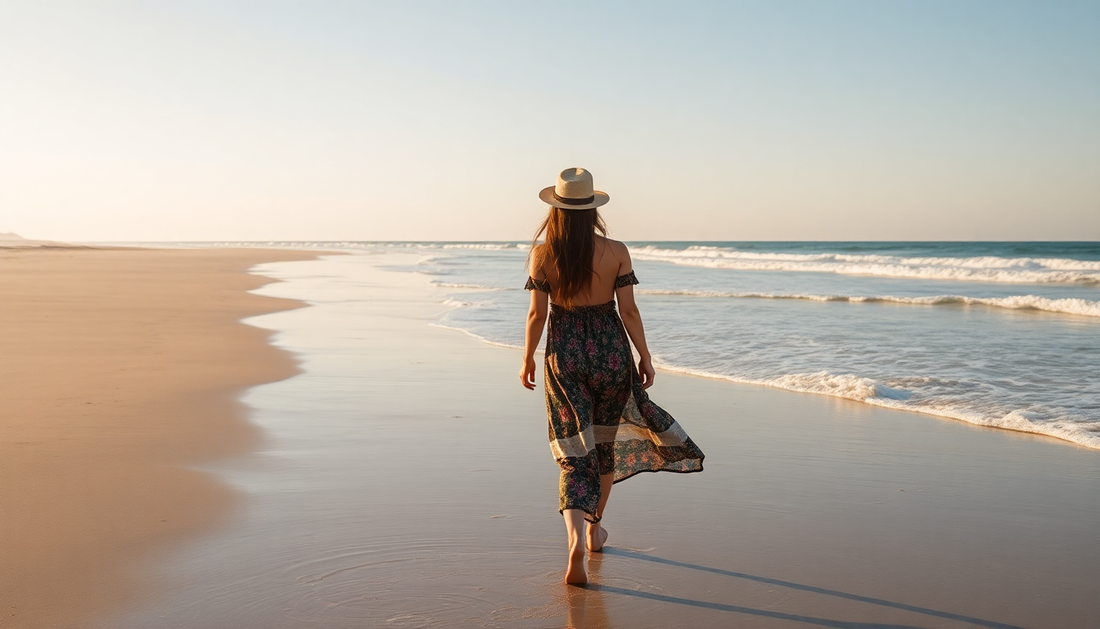 Girl walking down the beach in boho fashion