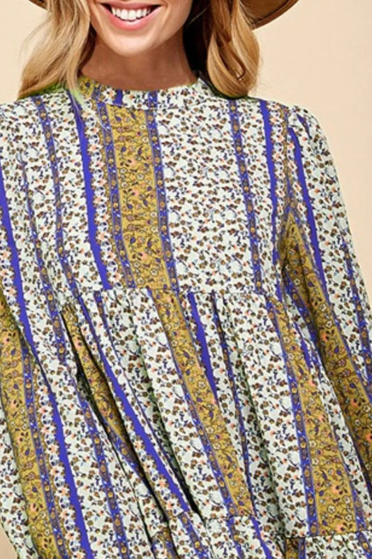 Lime 'N' Chili Multi-Color Bohemian Print Mock Neck Babydoll Top-Soul Flow Apparel