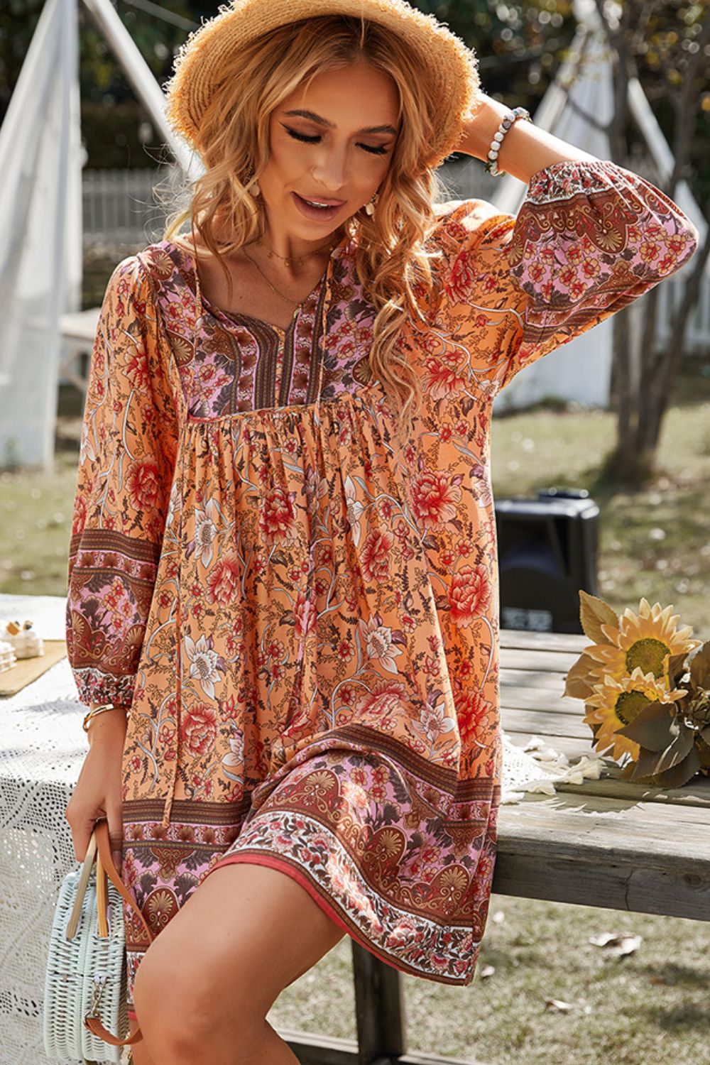 Devine Bohemian Tie Neck Balloon Sleeve Dress-Soul Flow Apparel