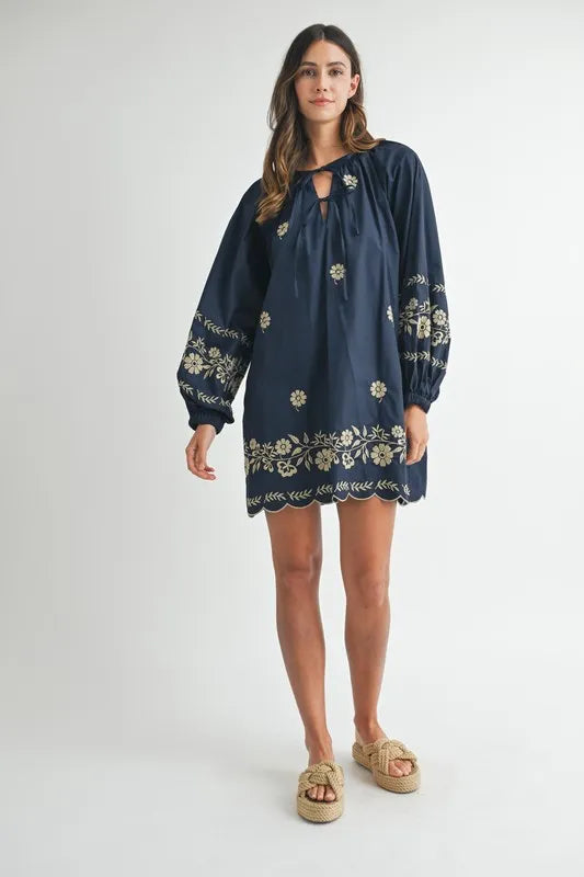 MABLE Embroidered Long Sleeve Peasant Mini Dress-Soul Flow Apparel