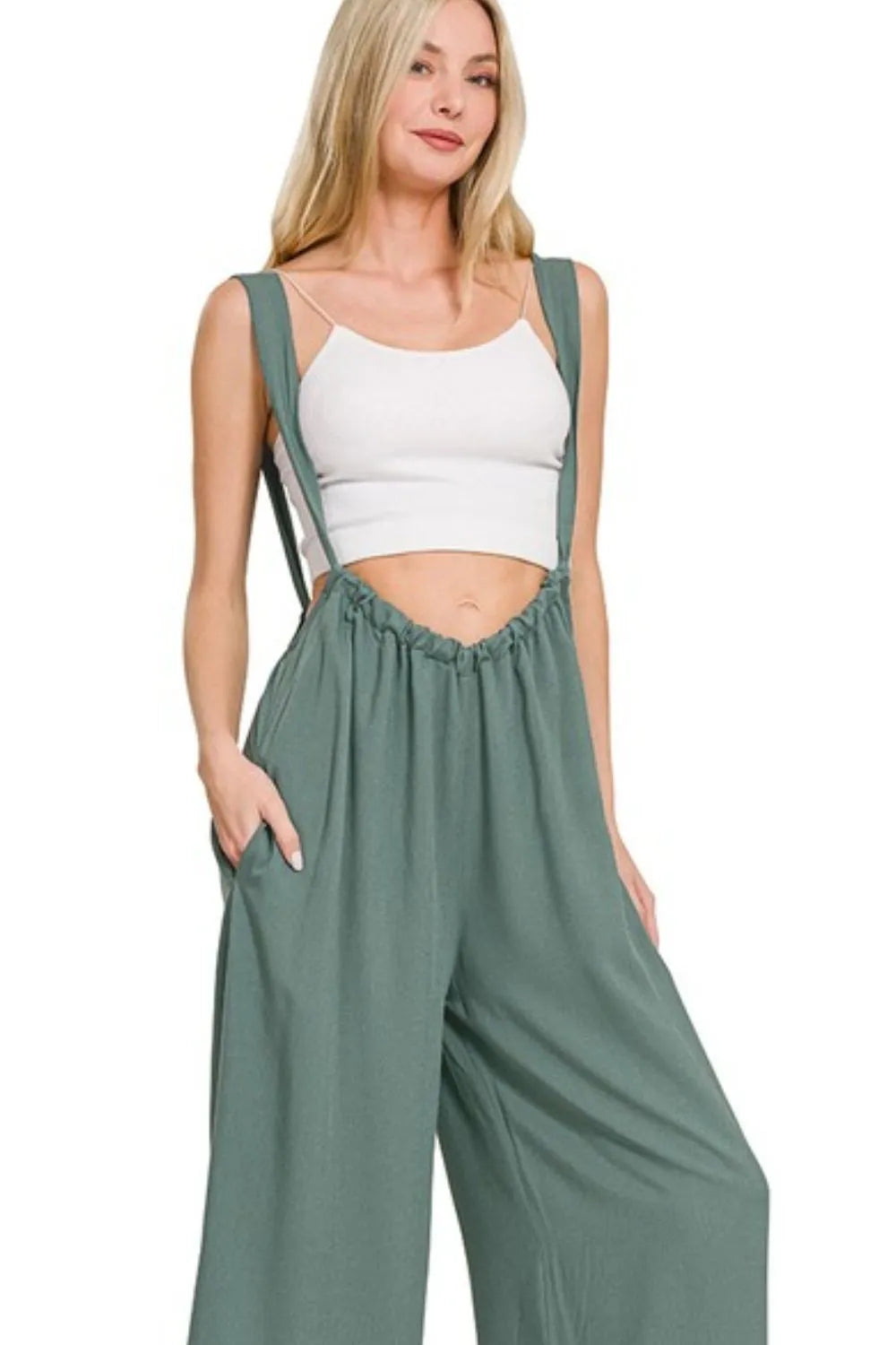 Zenana Woven Tie Back Suspender Jumpsuit-Soul Flow Apparel