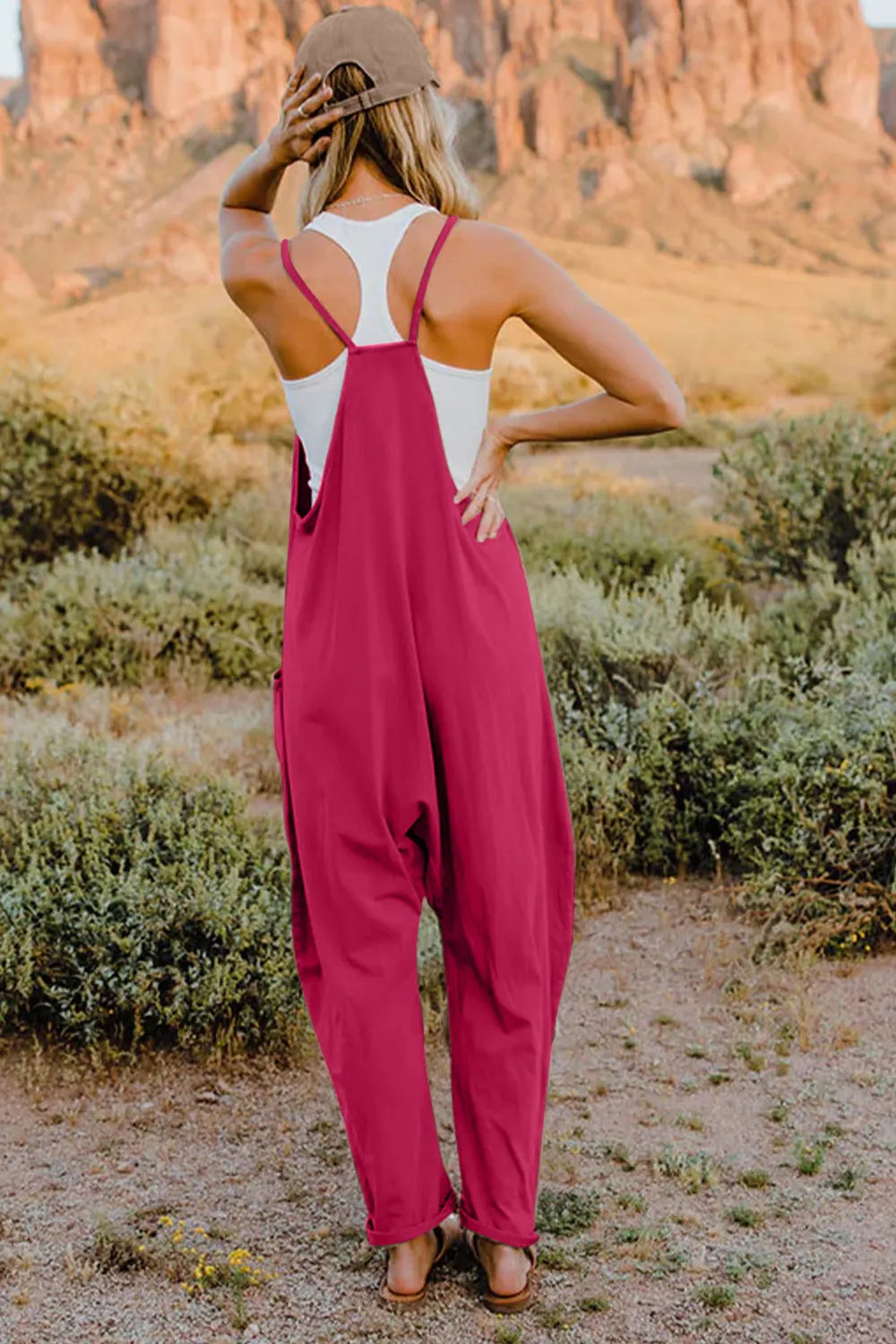 Double Take Full Size V-Neck Sleeveless Jumpsuit with Pockets-Soul Flow Apparel