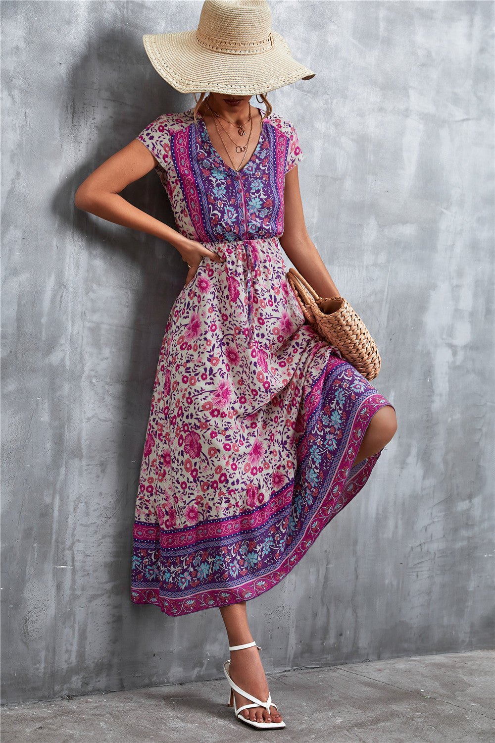 V-Neck Short Sleeve Printed Maxi Dress-Soul Flow Apparel