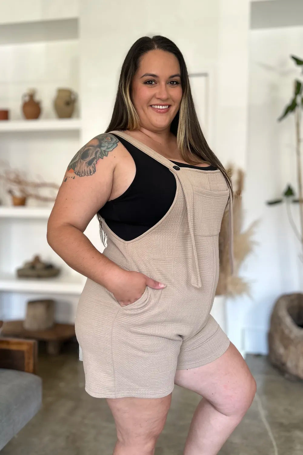 Double Take Full Size Texture Sleeveless Romper-Soul Flow Apparel