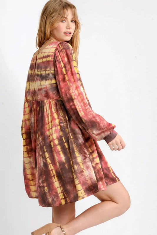 Umgee Full Size Tie Dye Long Sleeve Babydoll Dress with Keyhole Plus Size-Soul Flow Apparel