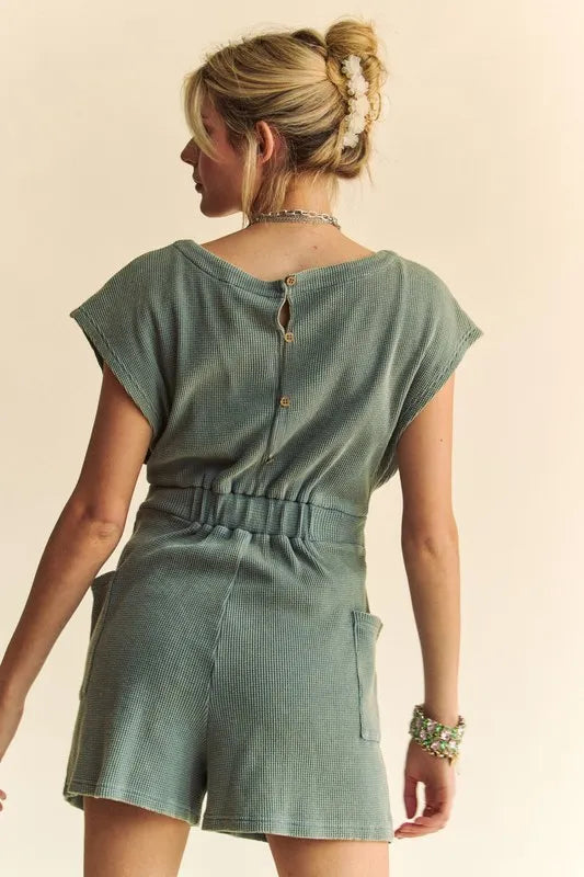 Davi & Dani Acid-Washed Waffle Knit Cuffed Sleeves Romper-Soul Flow Apparel