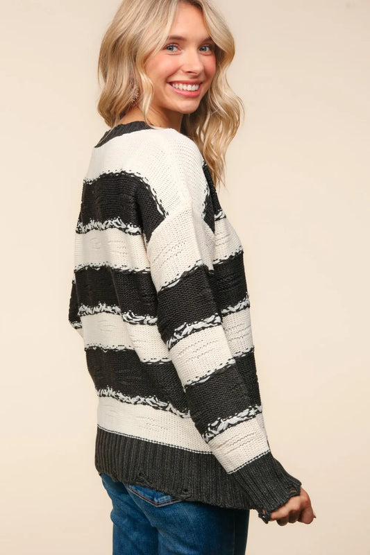 Trendsi boho striped distressed sweater in black and cream with relaxed fit and soft fabric