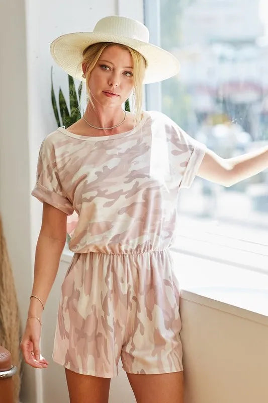 BiBi Camo Print French Terry Romper with Side Pockets-Soul Flow Apparel