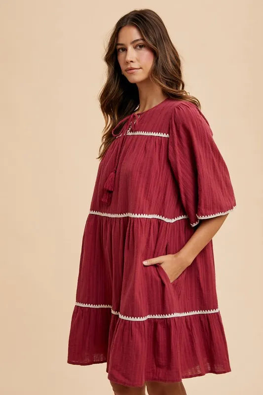 Annie Wear Tassel Contrast Trim Tie Neck Half Sleeve Tiered Dress-Soul Flow Apparel