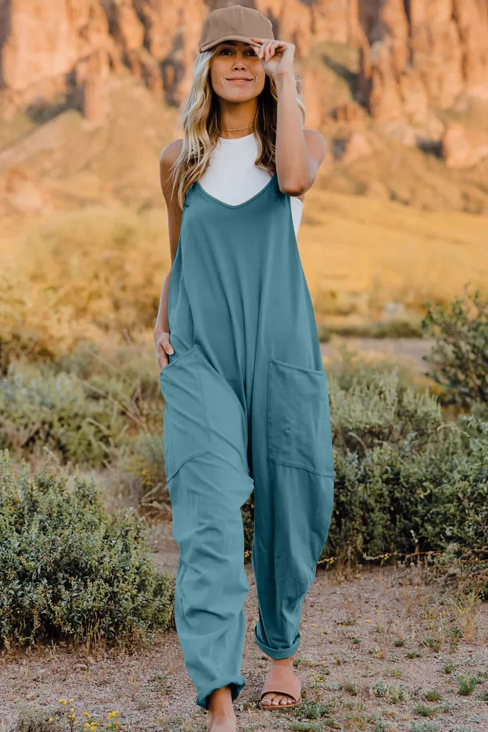 Double Take Full Size V-Neck Sleeveless Jumpsuit with Pockets-Soul Flow Apparel
