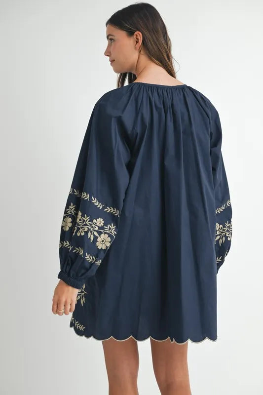 MABLE Embroidered Long Sleeve Peasant Mini Dress-Soul Flow Apparel