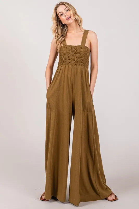 SAGE+FIG Smocked Flowy Wide Leg Jumpsuit-Soul Flow Apparel