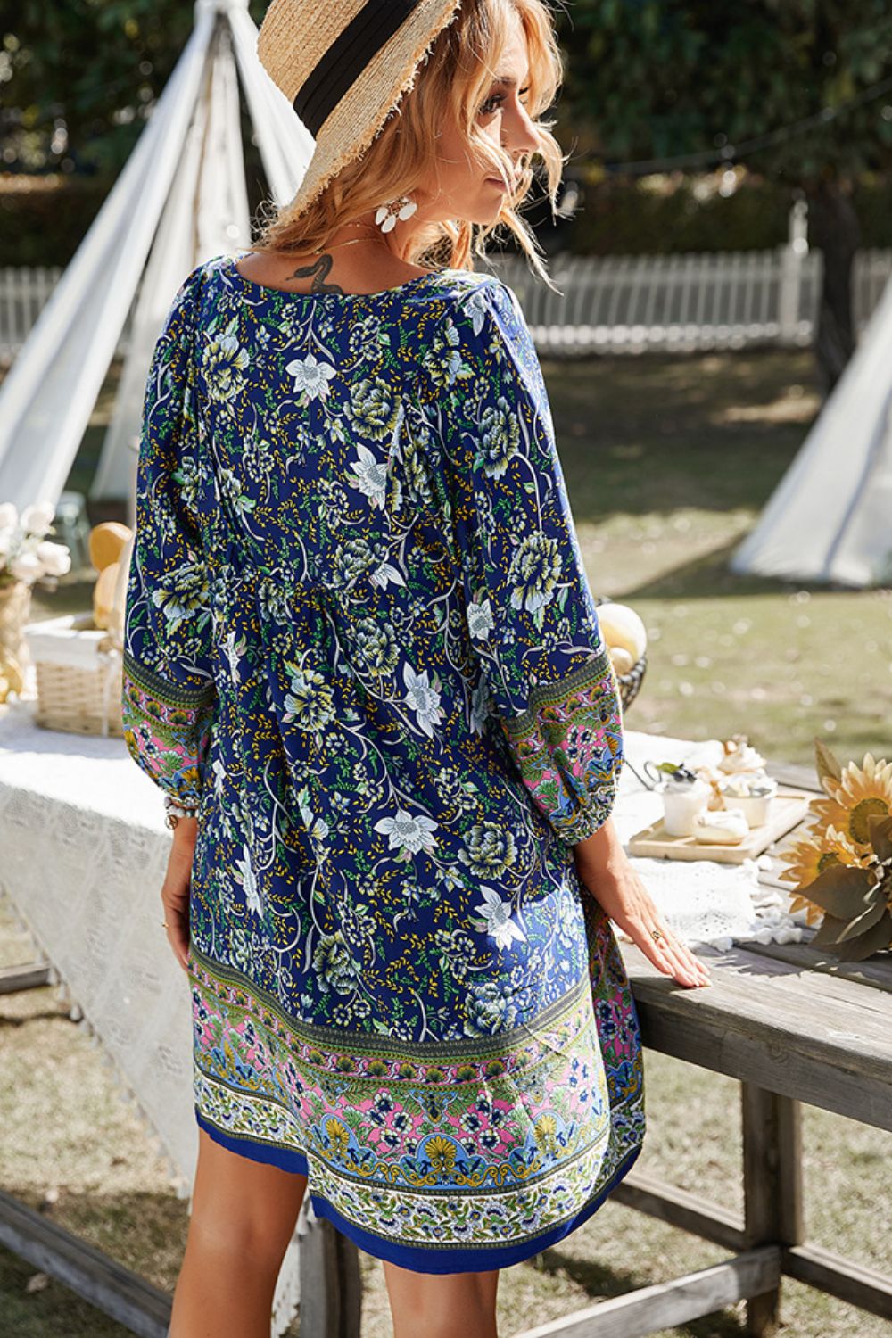 Devine Bohemian Tie Neck Balloon Sleeve Dress-Soul Flow Apparel