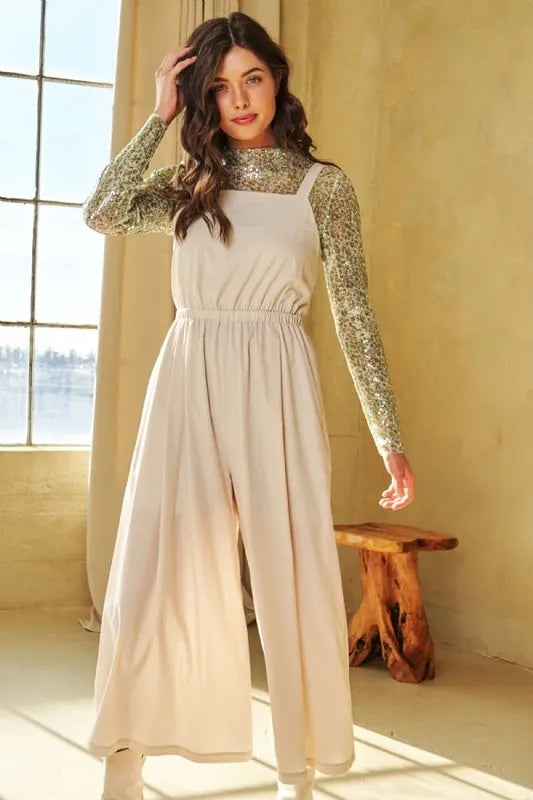 Davi & Dani Creased Wide Legs Elastic Waist Jumpsuit-Soul Flow Apparel