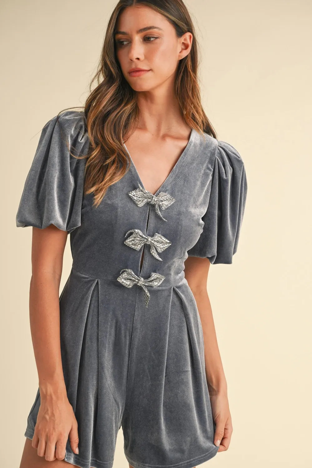Elegant gray velvet bow romper for women with puff sleeves and decorative front ties