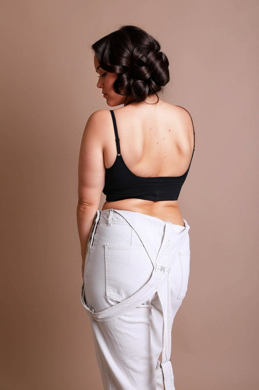 Stylish plus size low back bralette in black, perfect for comfort and support under any outfit