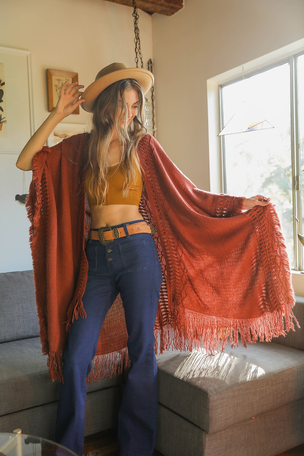 Open Work Frayed Bohemian Ruana-Soul Flow Apparel