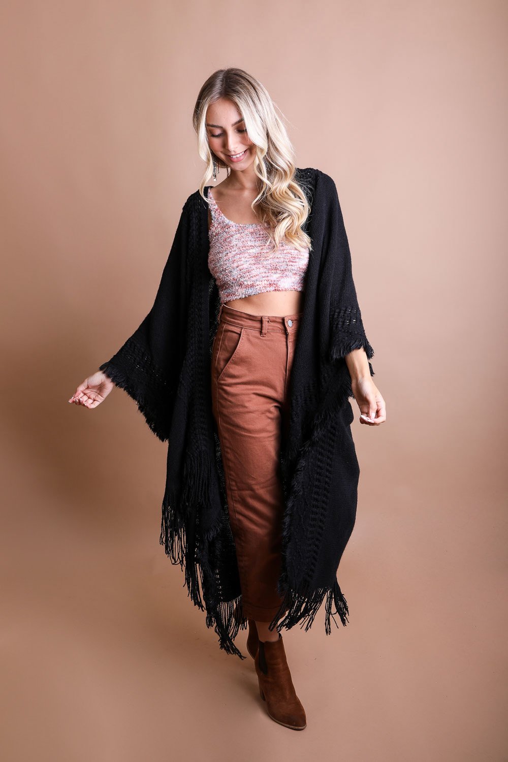 Open Work Frayed Bohemian Ruana-Soul Flow Apparel