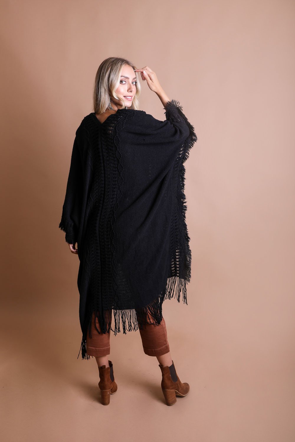 Open Work Frayed Bohemian Ruana-Soul Flow Apparel