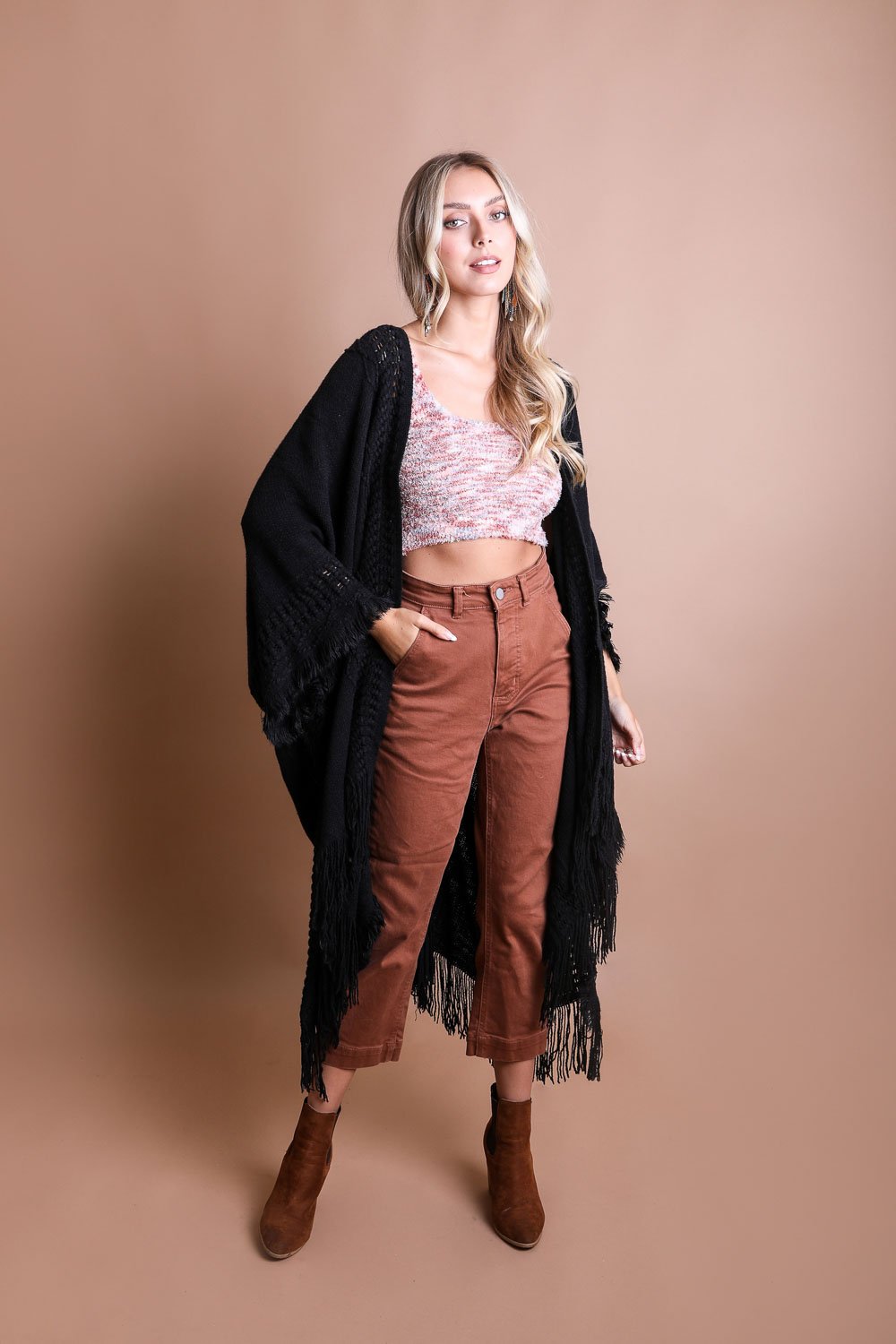 Open Work Frayed Bohemian Ruana-Soul Flow Apparel