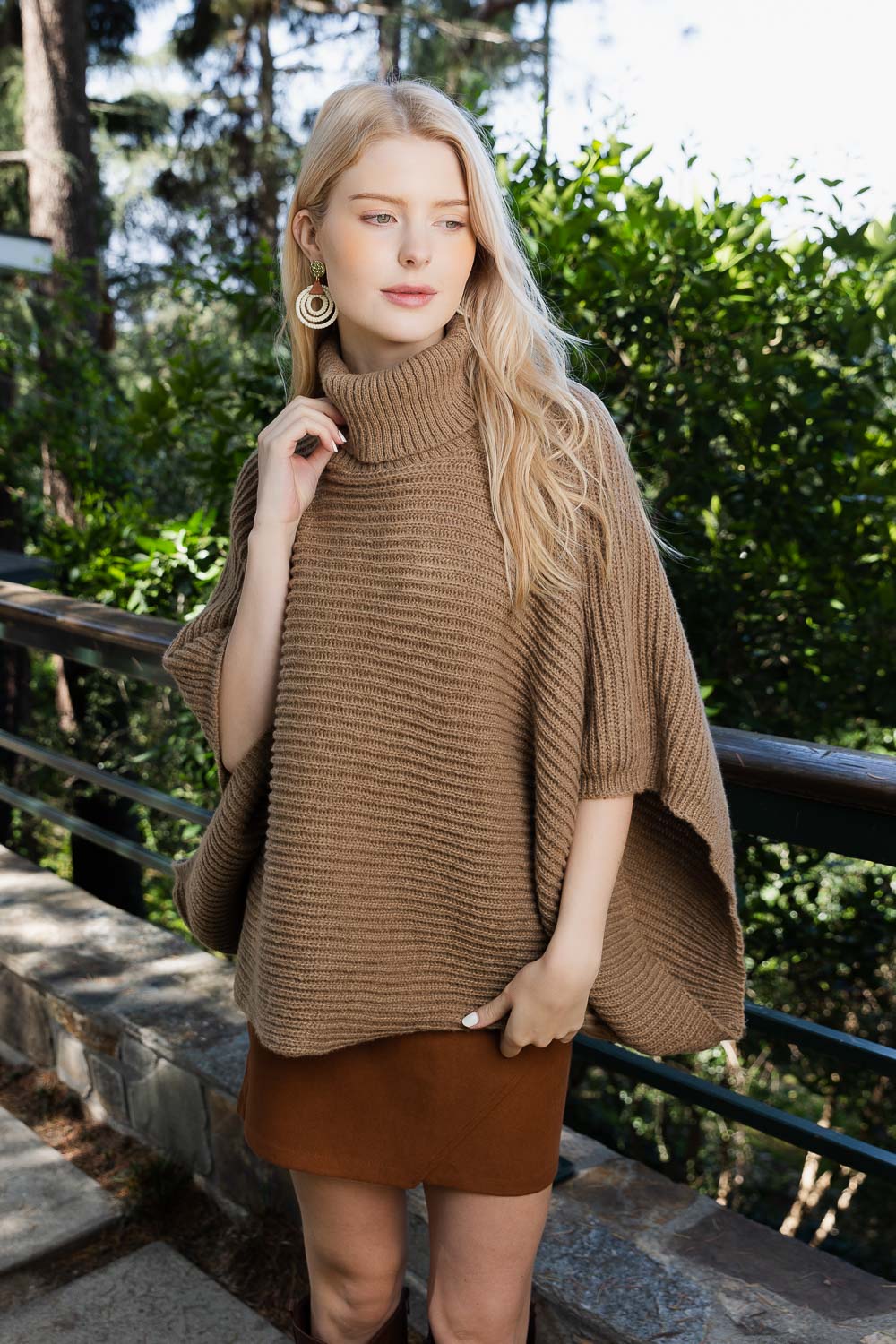 SnugStyle Turtleneck Ribbed Knit Poncho with Armholes-Soul Flow Apparel