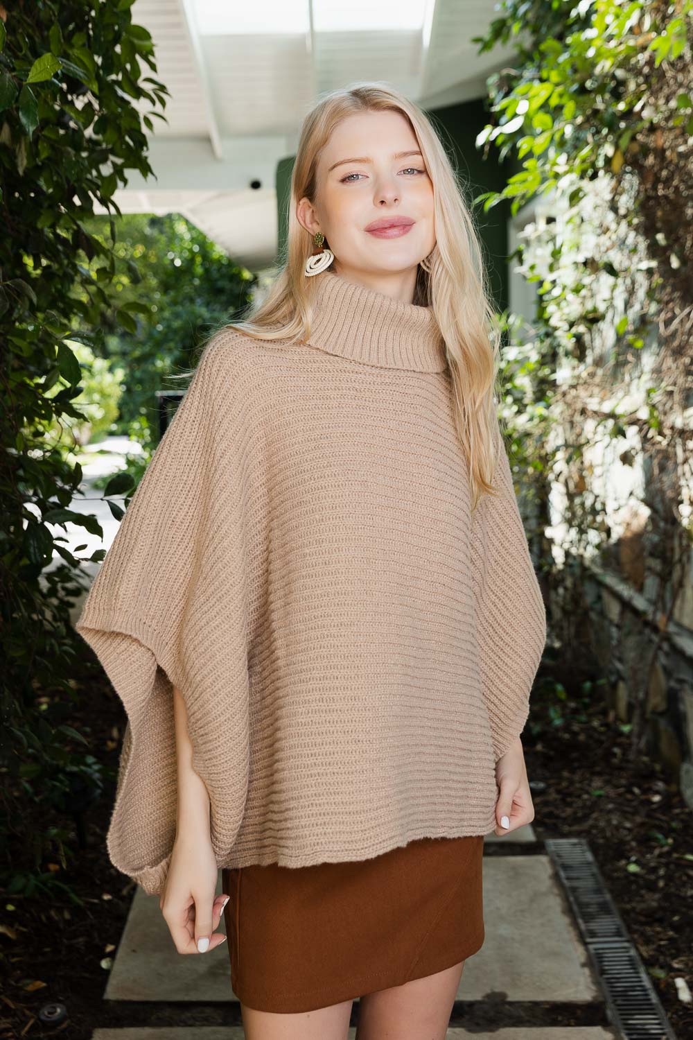 SnugStyle Turtleneck Ribbed Knit Poncho with Armholes-Soul Flow Apparel