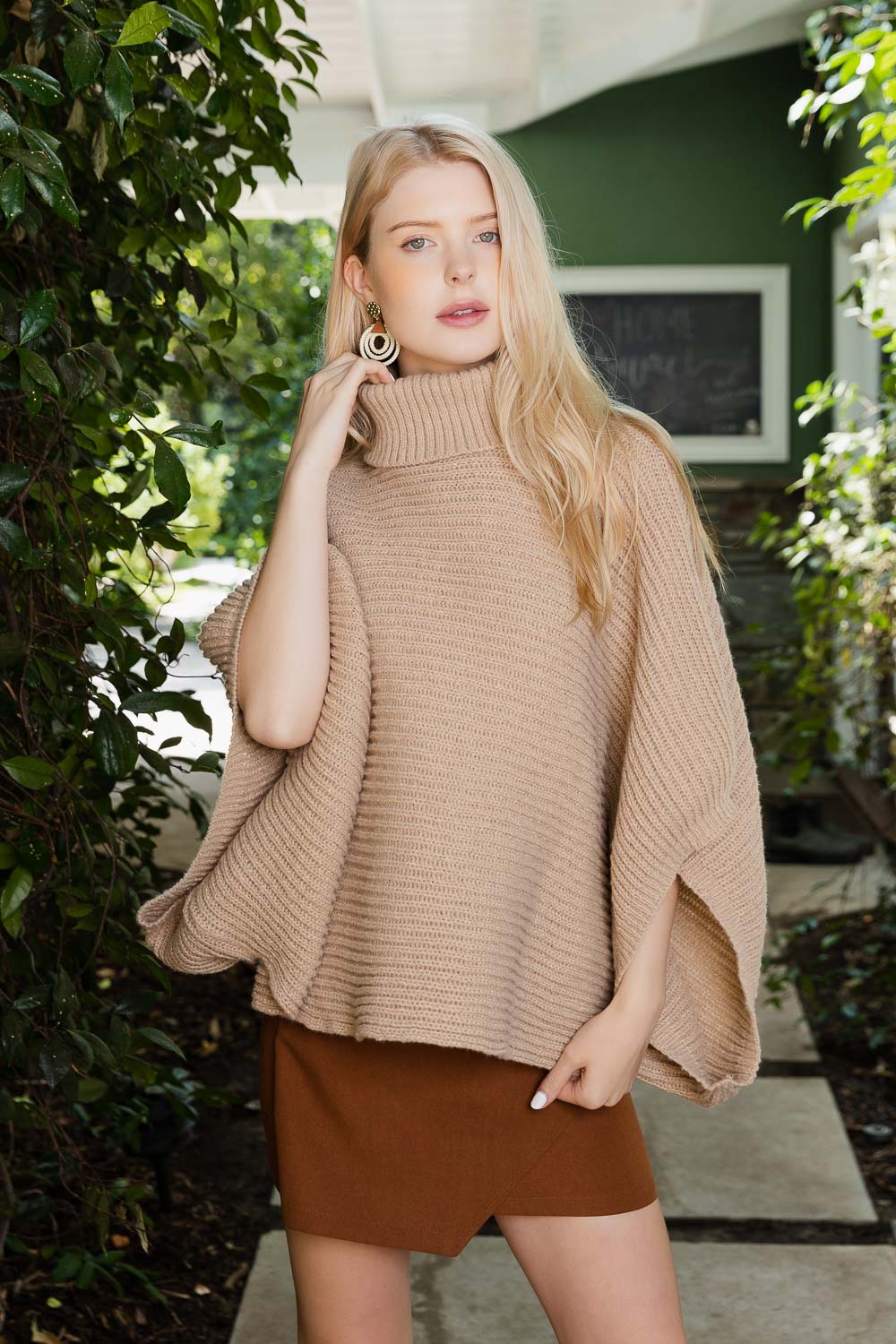 SnugStyle Turtleneck Ribbed Knit Poncho with Armholes-Soul Flow Apparel