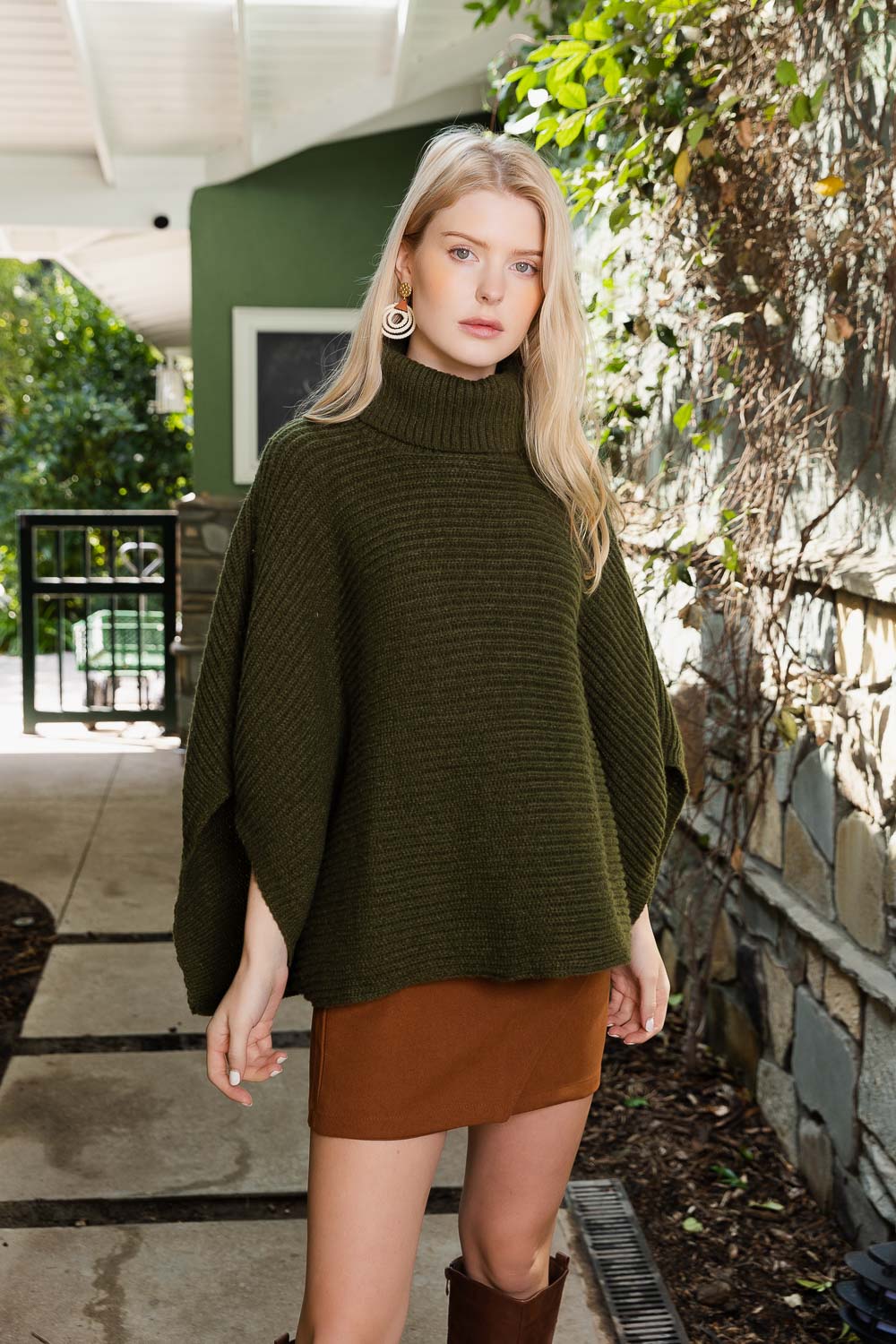 SnugStyle Turtleneck Ribbed Knit Poncho with Armholes-Soul Flow Apparel