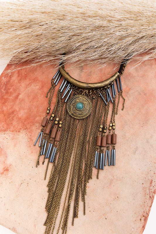 Leto Collection brass fringe pendant with turquoise bead on fur background Boho Necklace, Boho Chic Jewelry, Spiritual