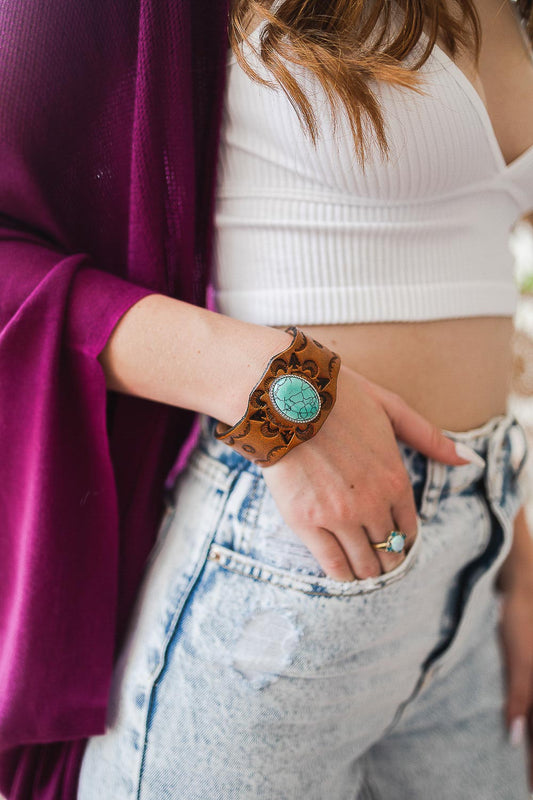 Boho Turquoise Stone Camel Leather Cuff Bracelet-Soul Flow Apparel