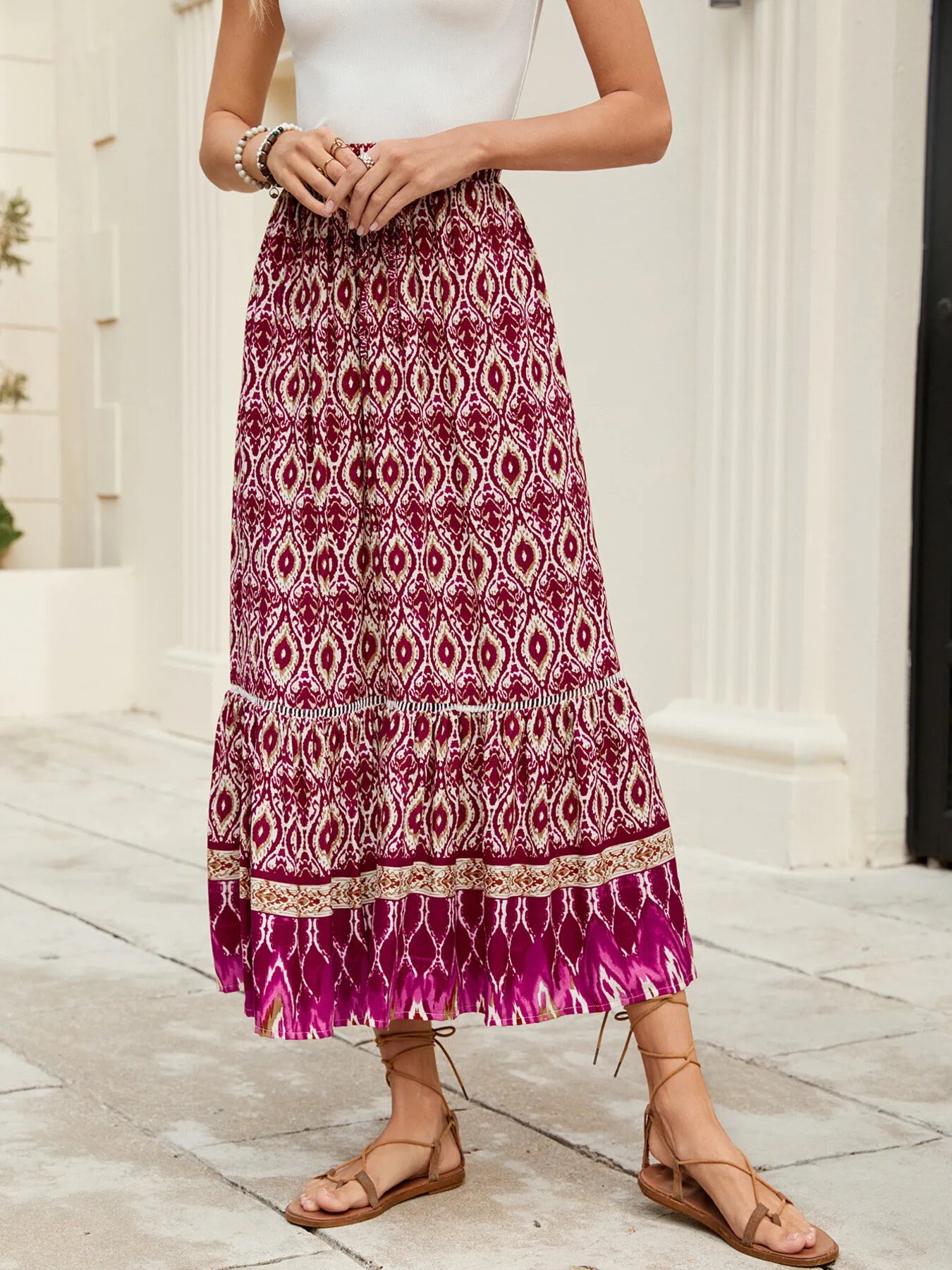 Bohemian Printed Ruched Maxi Skirt-Soul Flow Apparel