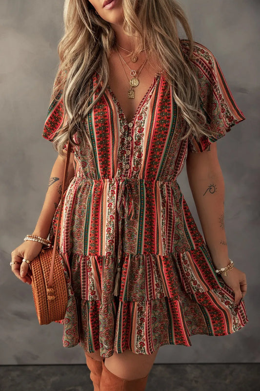 Bohemian Floral Print Buttoned V Neck Ruffle Tiered Dress-Soul Flow Apparel