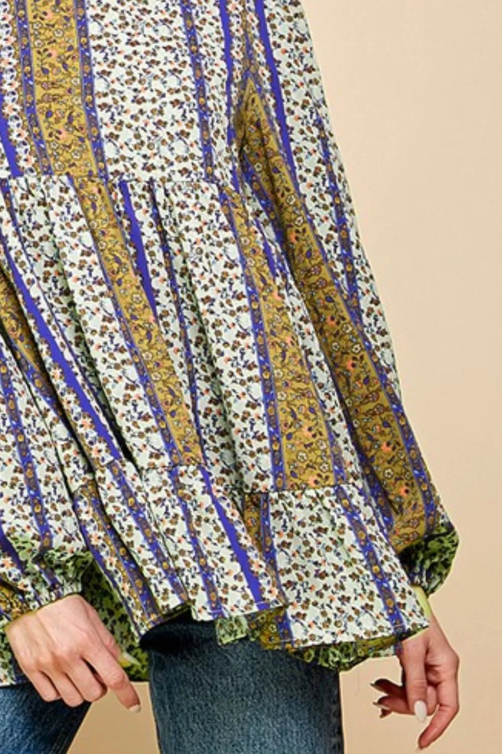 Lime 'N' Chili Multi-Color Bohemian Print Mock Neck Babydoll Top-Soul Flow Apparel