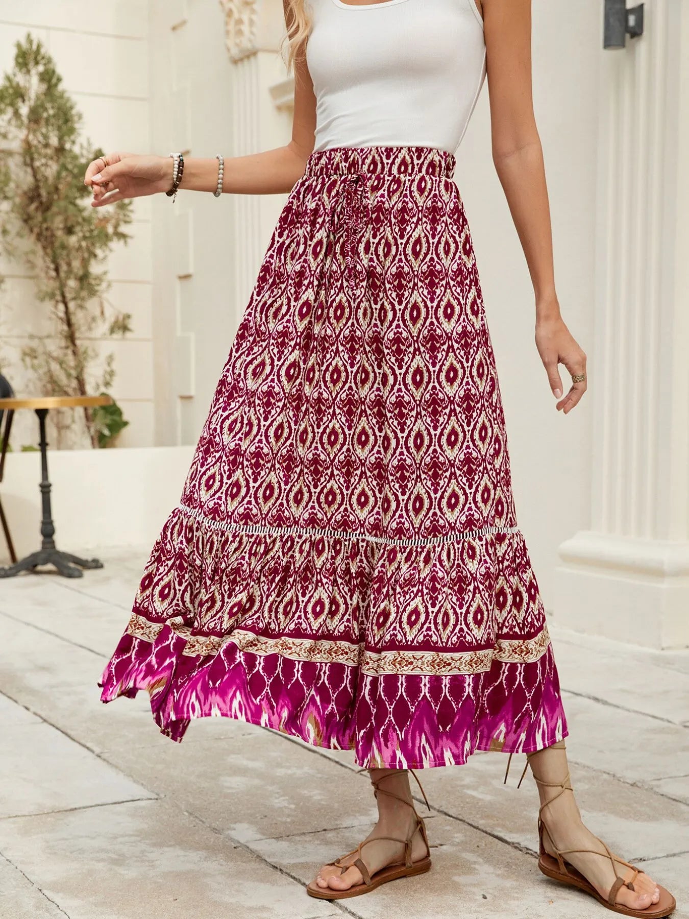 Bohemian Printed Ruched Maxi Skirt-Soul Flow Apparel