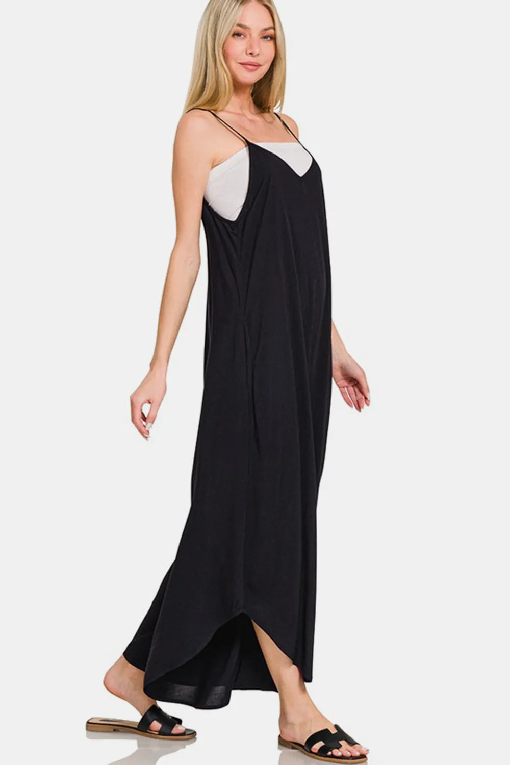 Zenana Spaghetti Strap Wide Leg Overalls with Pockets-Soul Flow Apparel