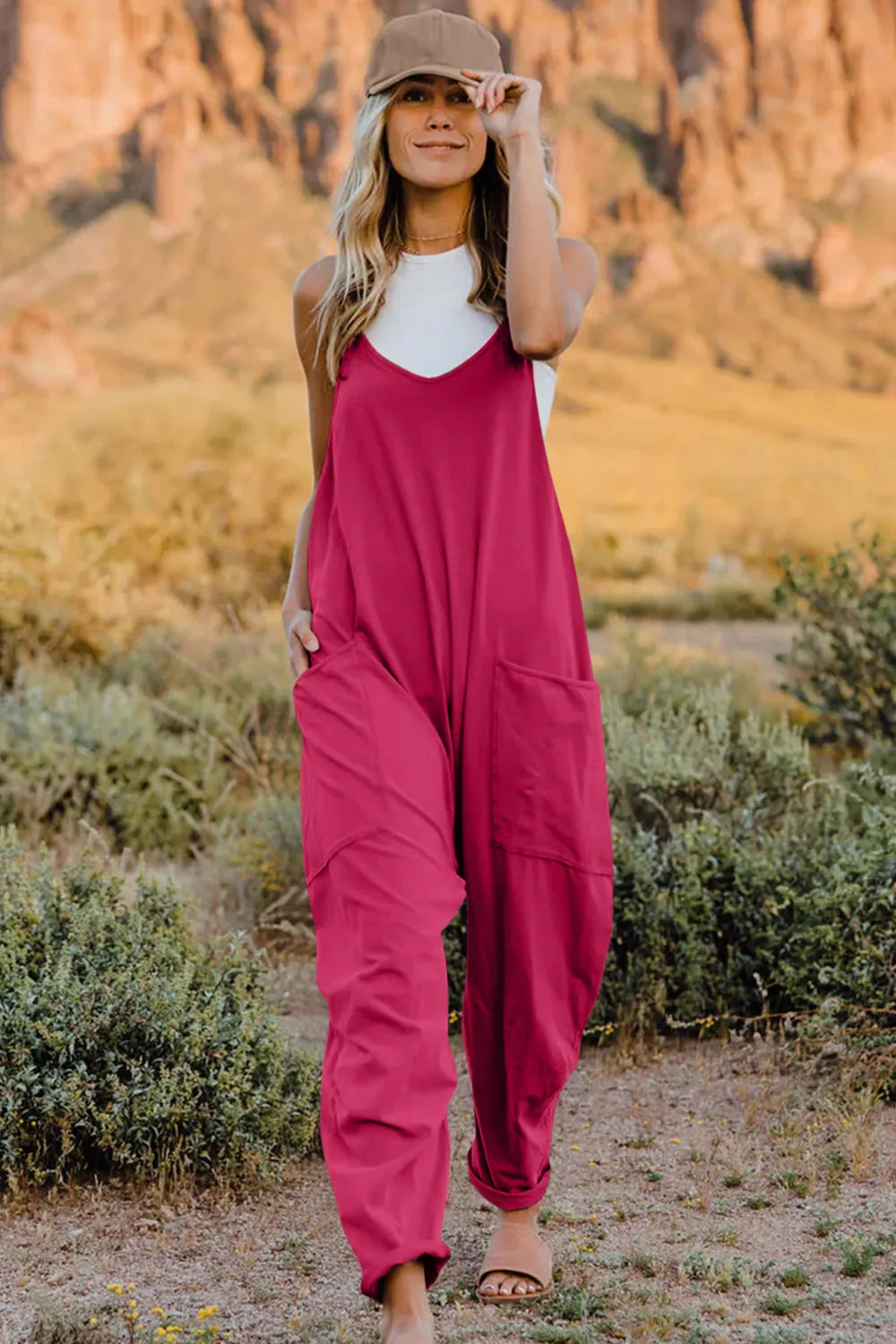 Double Take Full Size V-Neck Sleeveless Jumpsuit with Pockets-Soul Flow Apparel