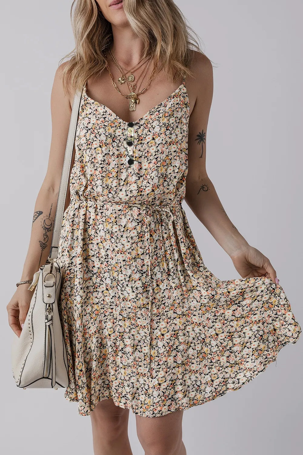 Boho Floral Printed Tie Waist Flared Sundress-Soul Flow Apparel