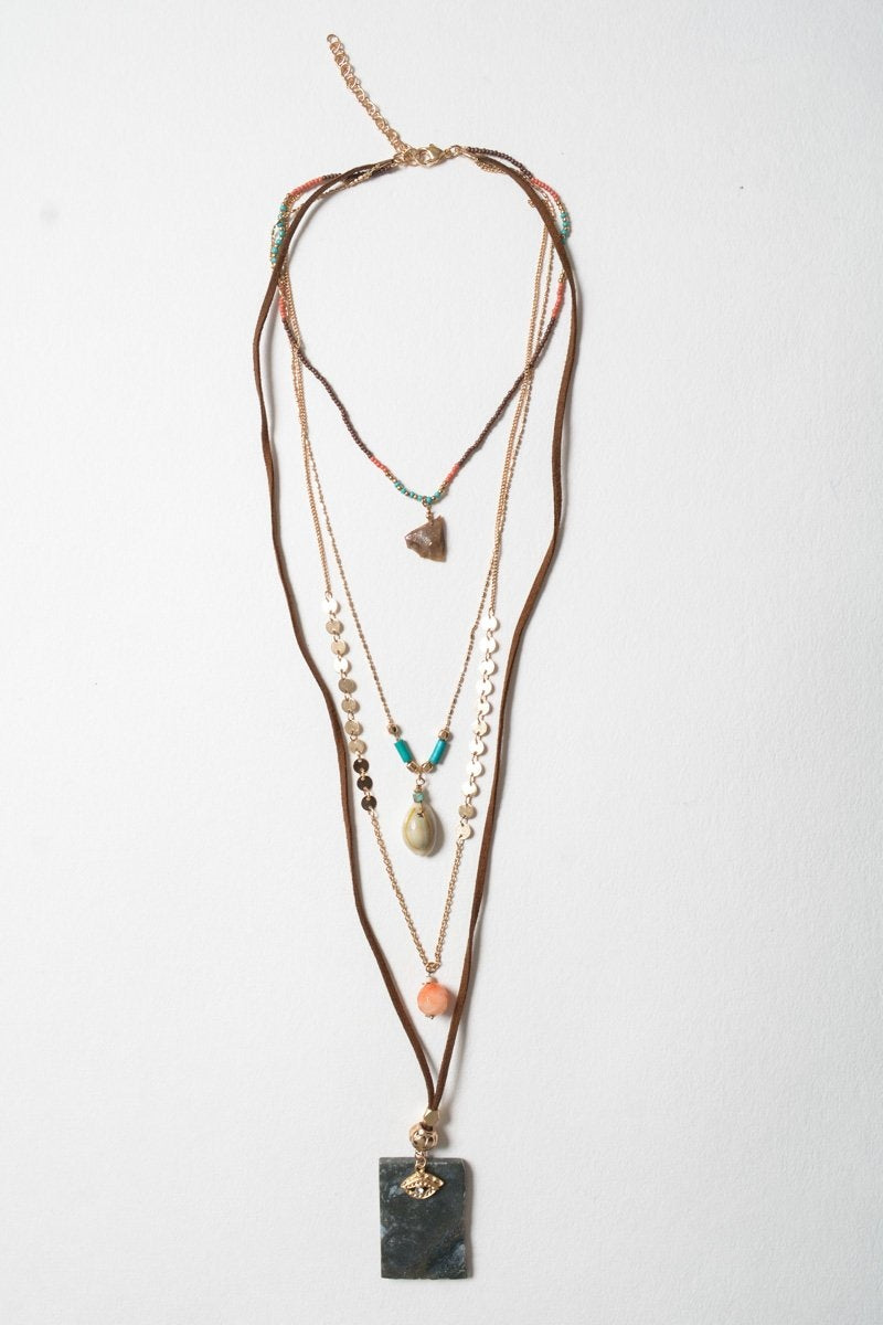 Leto Collection layered Boho Necklace, Boho Chic Jewelry, Spiritual with turquoise beads shell and rectangular stone pendant