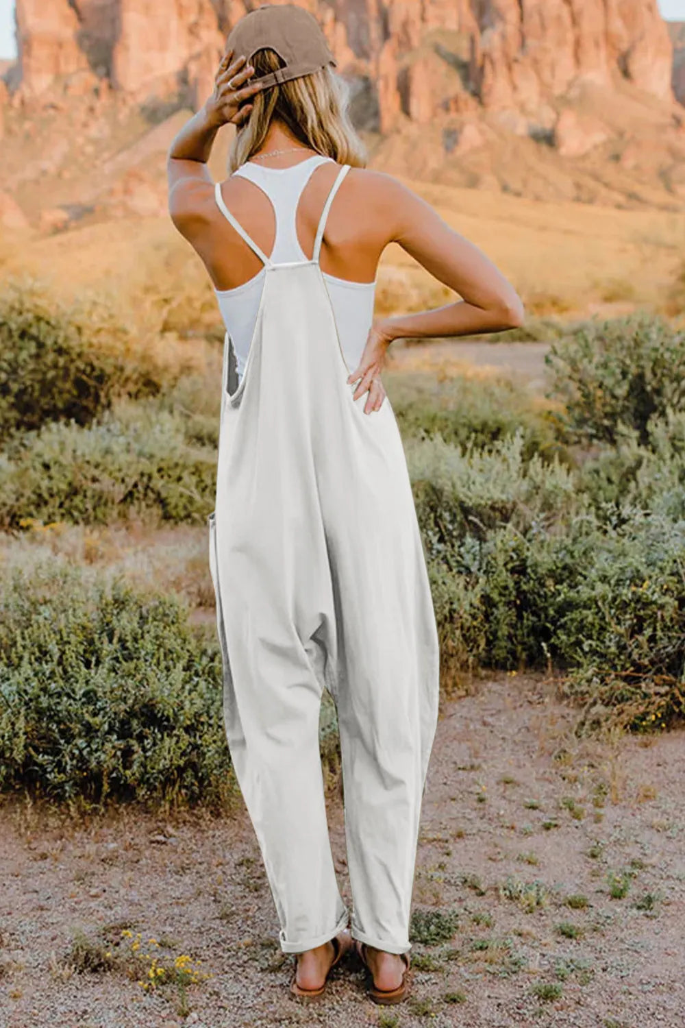 Double Take Full Size V-Neck Sleeveless Jumpsuit with Pockets-Soul Flow Apparel
