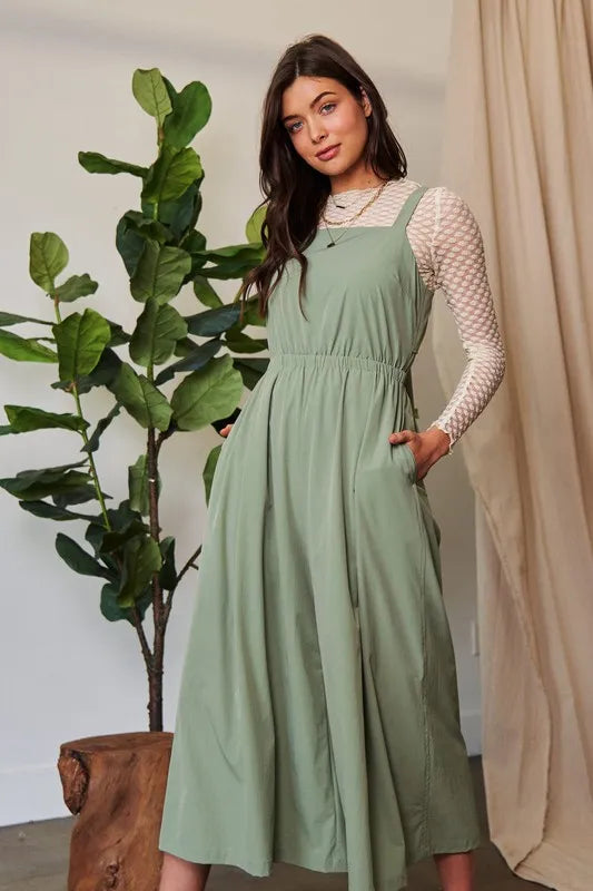 Davi & Dani Creased Wide Legs Elastic Waist Jumpsuit-Soul Flow Apparel