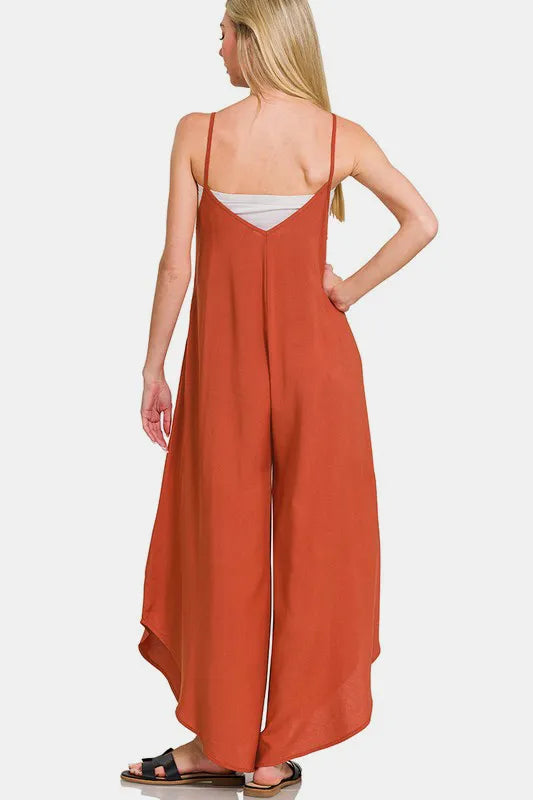 Zenana Spaghetti Strap Wide Leg Overalls with Pockets-Soul Flow Apparel