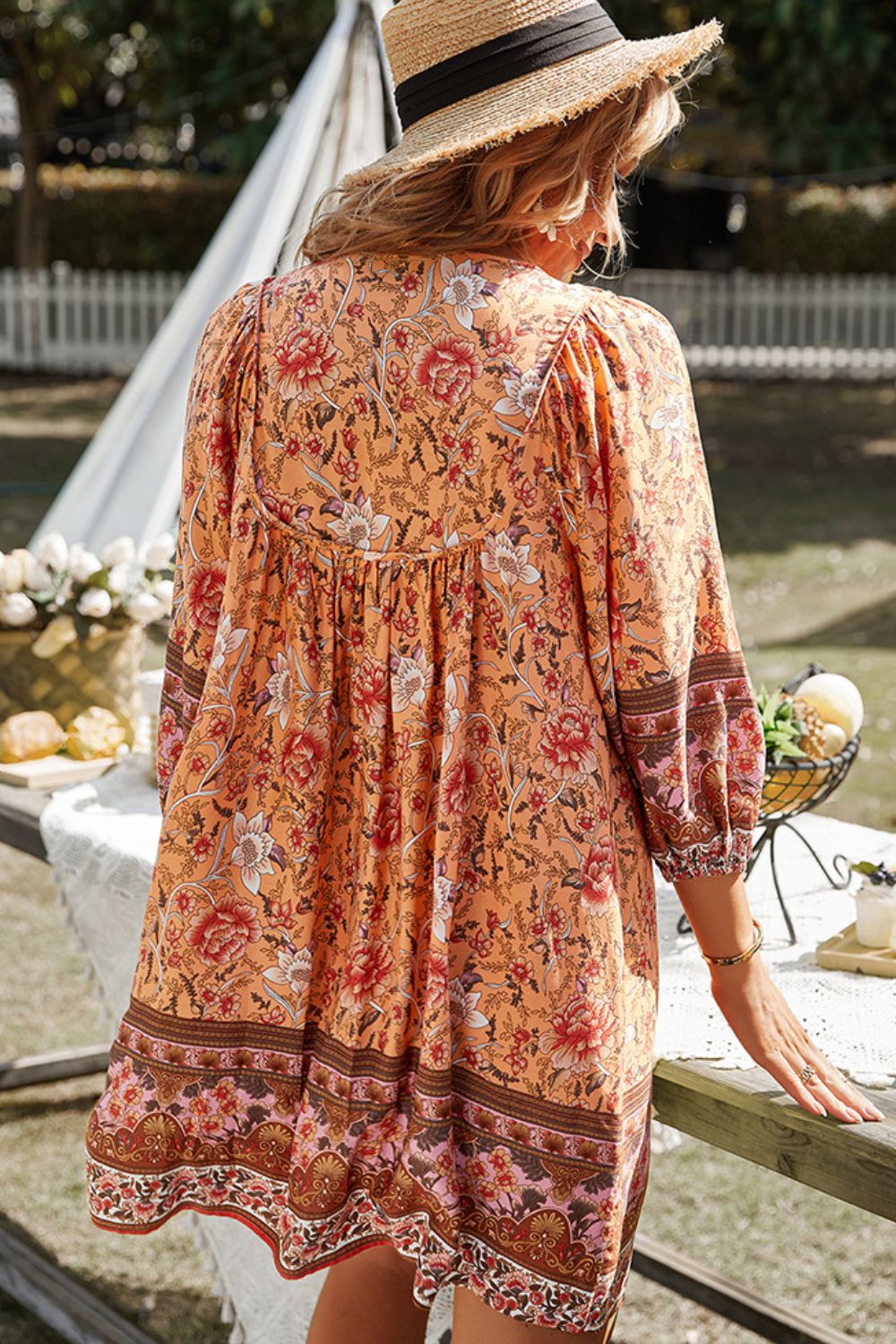 Devine Bohemian Tie Neck Balloon Sleeve Dress-Soul Flow Apparel