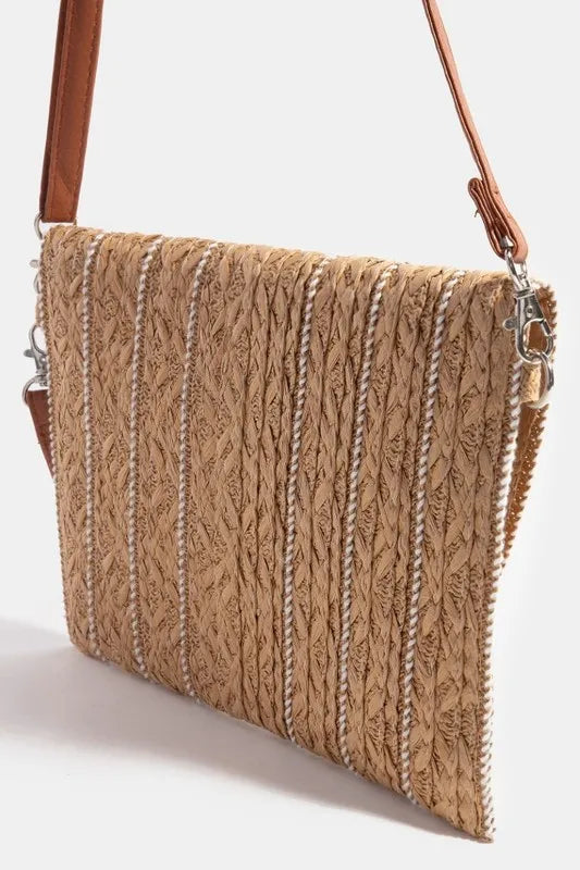Fame Stitch Detailed Straw Crossbody Bag-Soul Flow Apparel