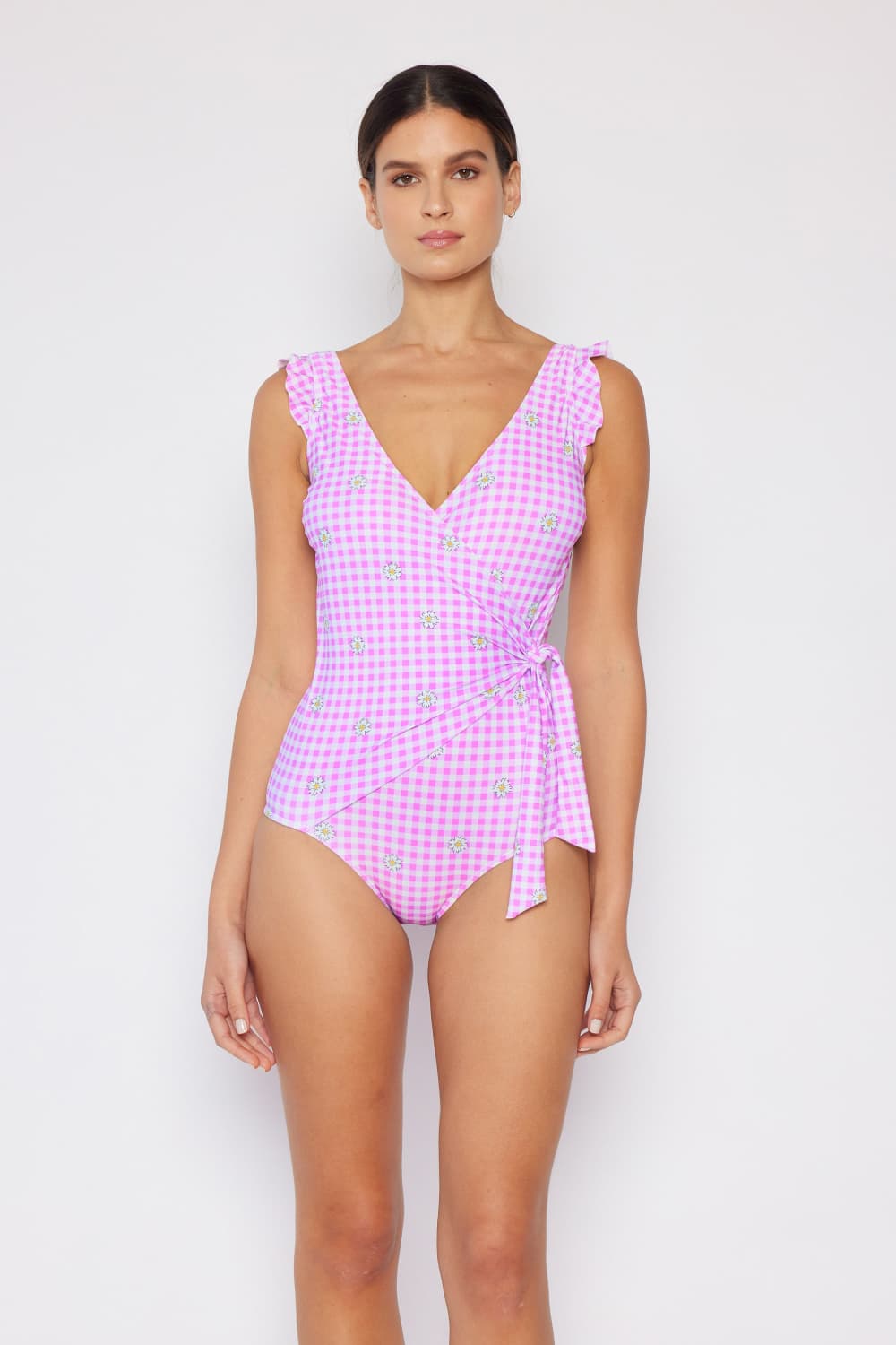 Marina West Swim Full Size Float On Ruffle Faux Wrap One-Piece in Carnation Pink-Soul Flow Apparel