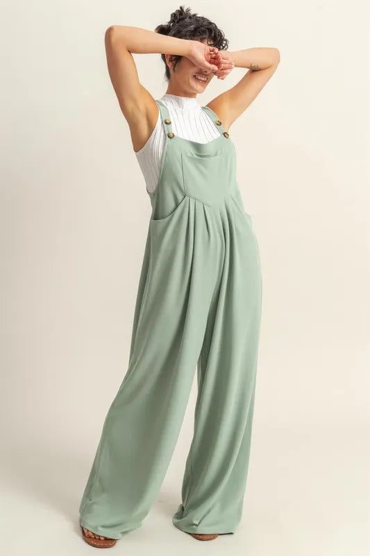 HYFVE Pleated Detail Front Pocket Wide Strap Overalls-Soul Flow Apparel
