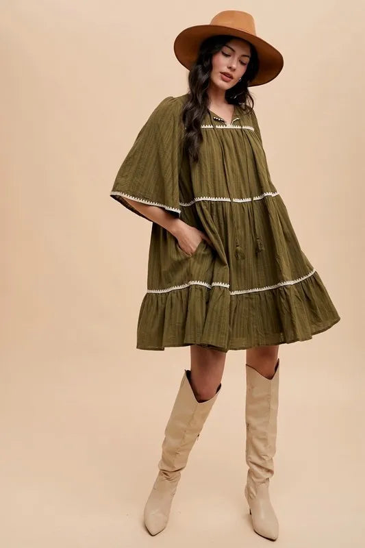 Annie Wear Tassel Contrast Trim Tie Neck Half Sleeve Tiered Dress-Soul Flow Apparel