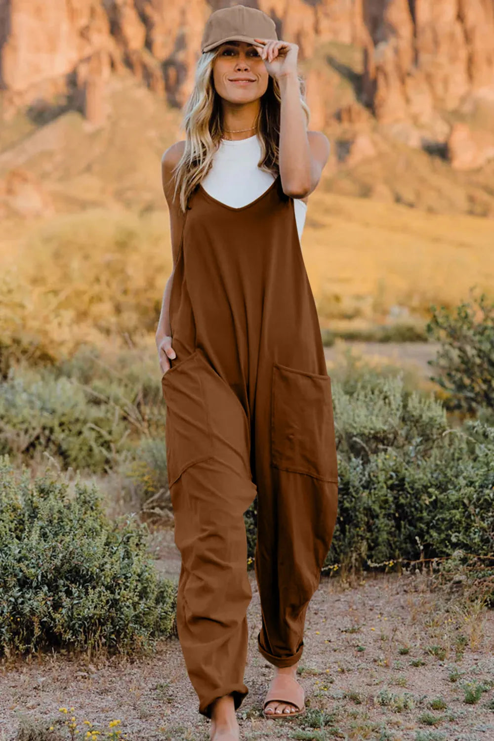 Double Take Full Size V-Neck Sleeveless Jumpsuit with Pockets-Soul Flow Apparel