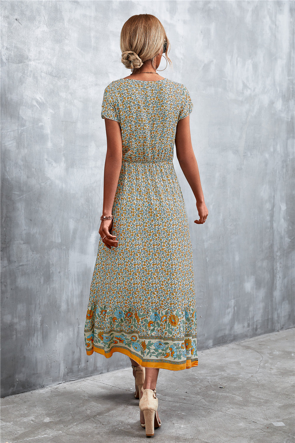 V-Neck Short Sleeve Printed Maxi Dress-Soul Flow Apparel