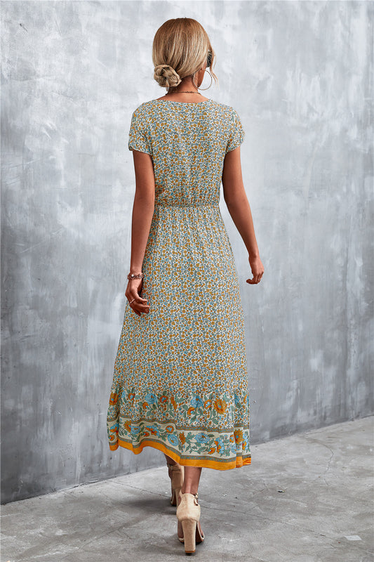 V-Neck Short Sleeve Printed Maxi Dress-Soul Flow Apparel